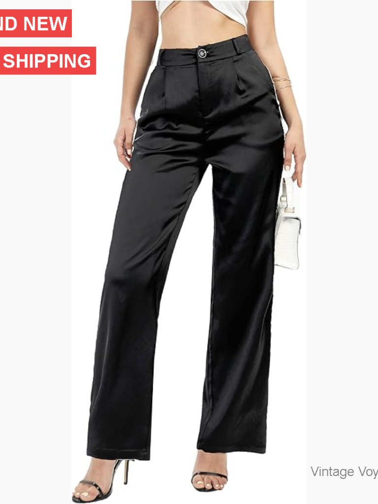 Wide Leg Satin Pants High Rise Pleated Work Office Wedding Cocktail